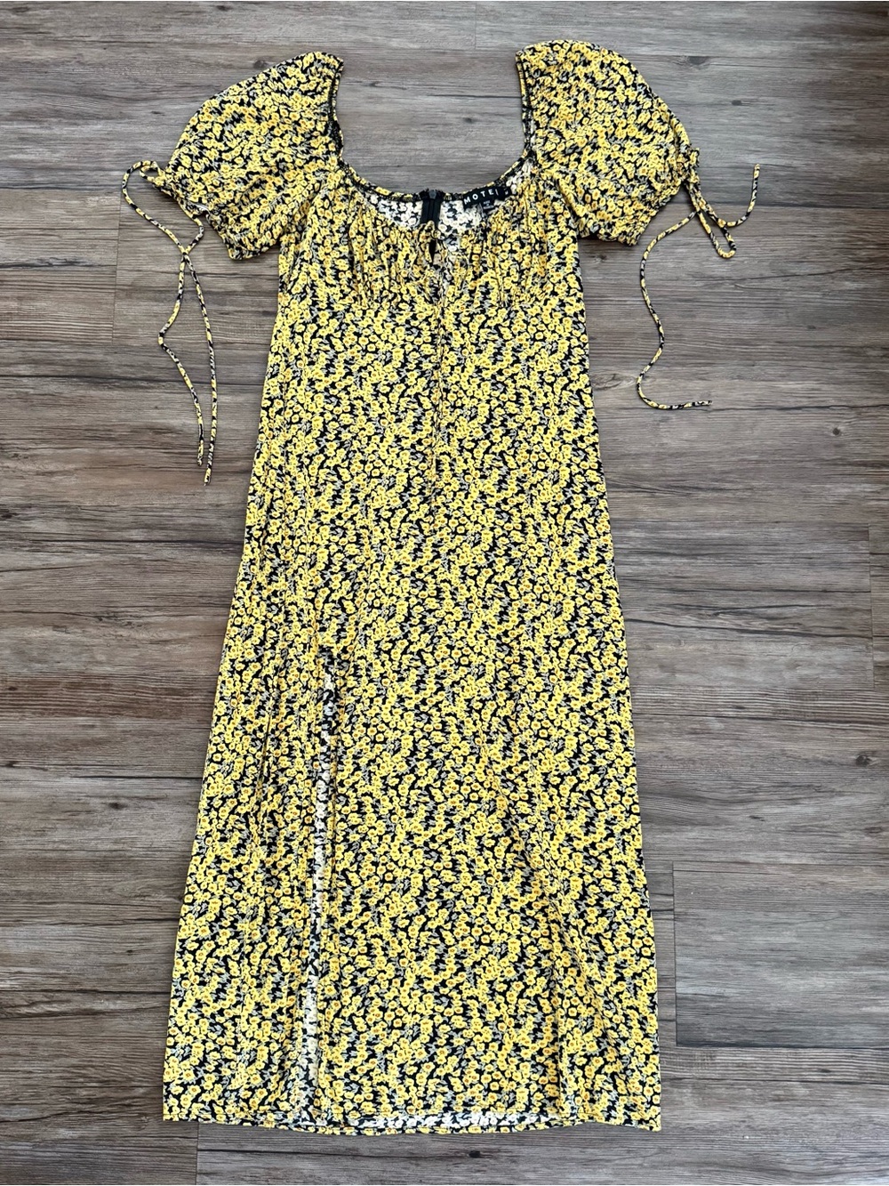 MOTEL Floral Puff Sleeve Yellow Midi Dress M